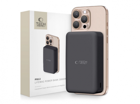 Nešiojamas įkroviklis - akumuliatorius 20000mAh USB + USB C 15W su bevieliu įkrovikliu, su indikatoriumi QC juodas (black) Tech-Protect PB12